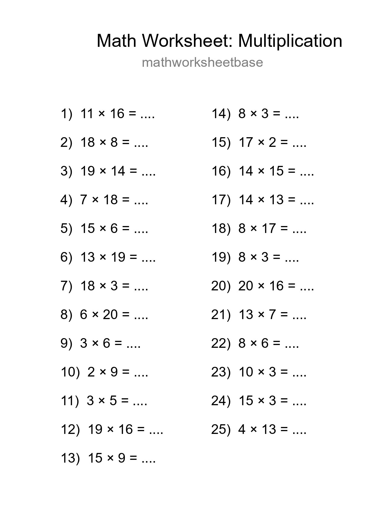 Printable Free 25 Multiplication Math Worksheet For Grade 2 - Part 67