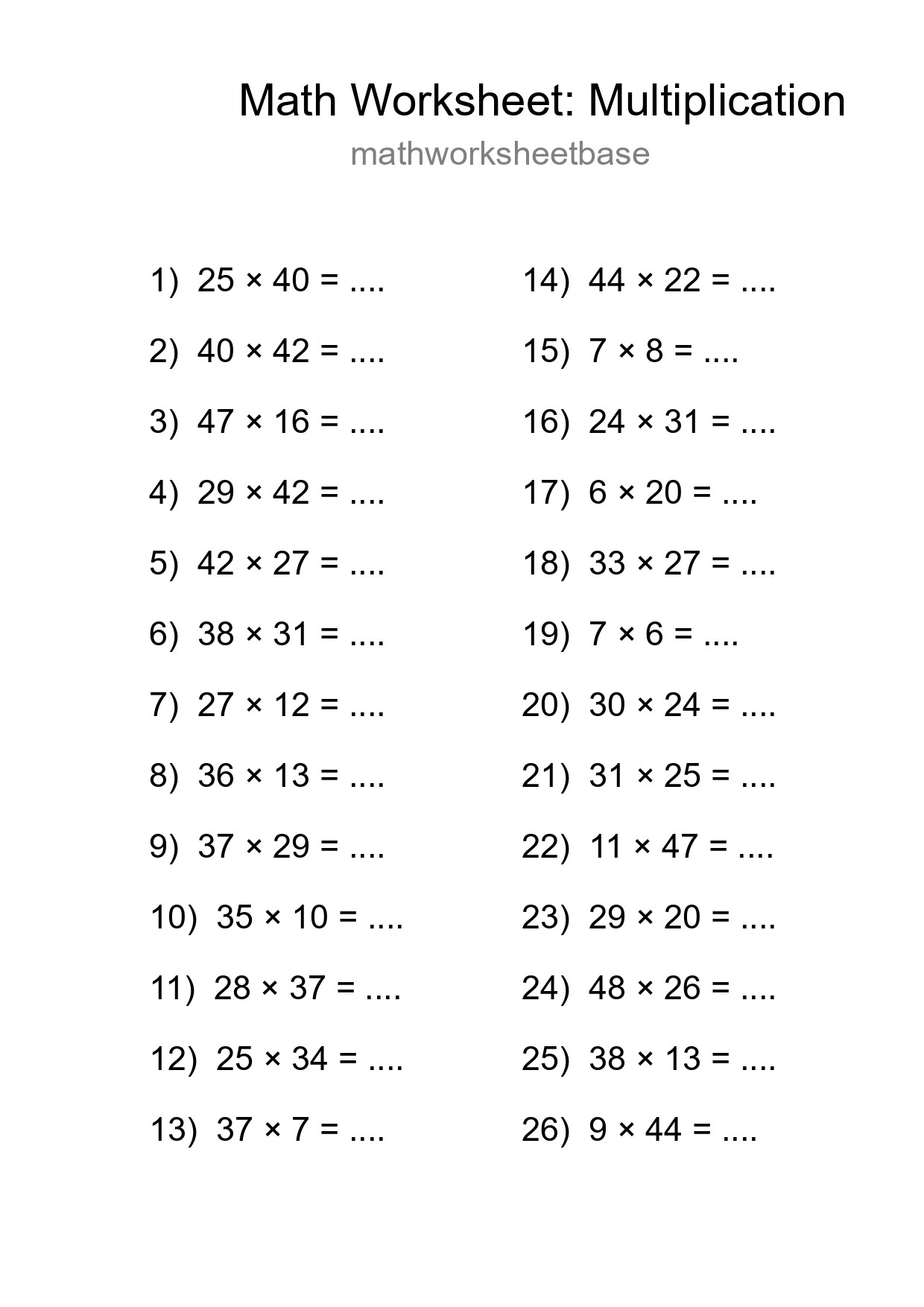 Printable Free 26 Multiplication Math Worksheet For Grade 2 - Part 177