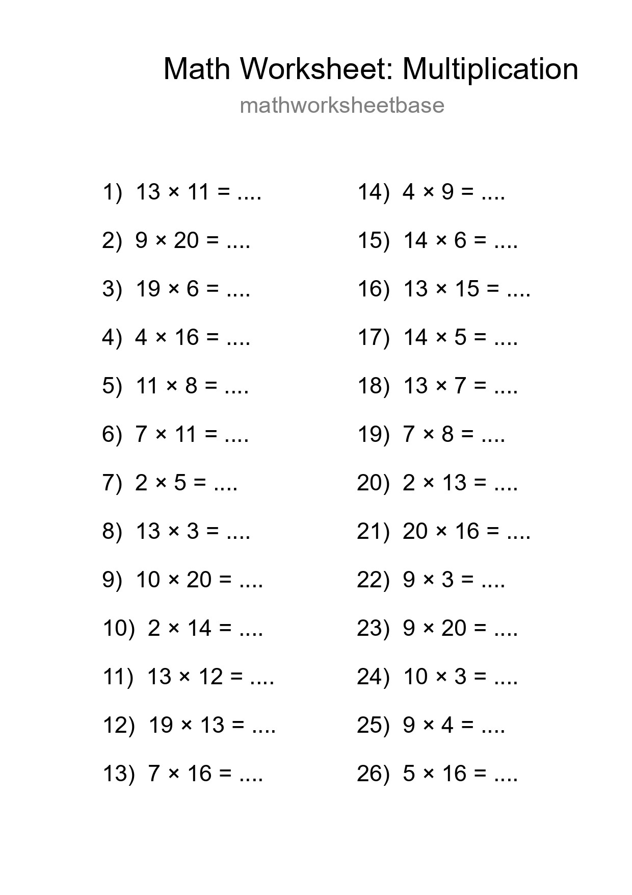 Printable Free 26 Multiplication Math Worksheet For Grade 2 - Part 7
