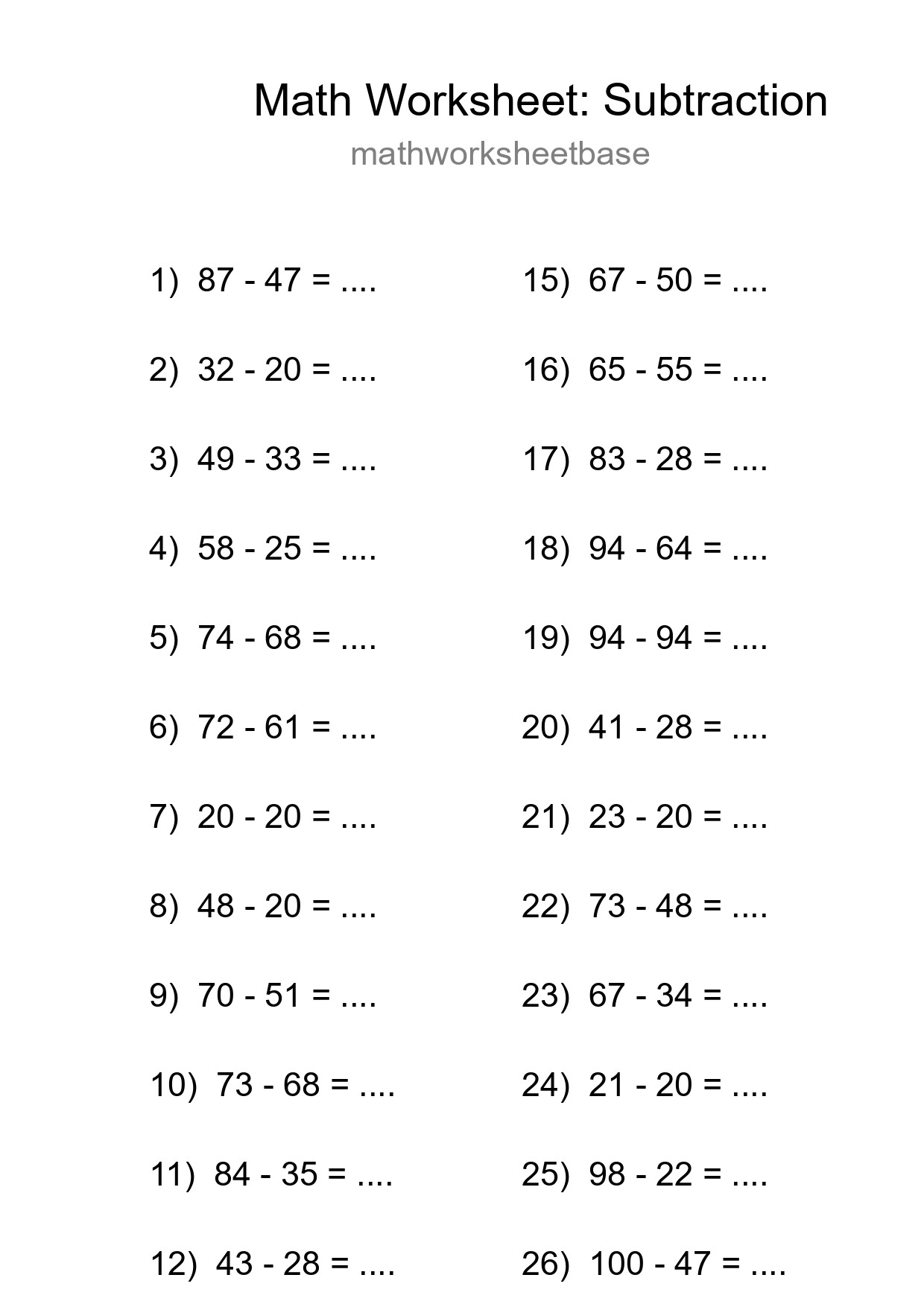 Printable Free 27 Subtraction Math Worksheet For Grade 3 - Part 228