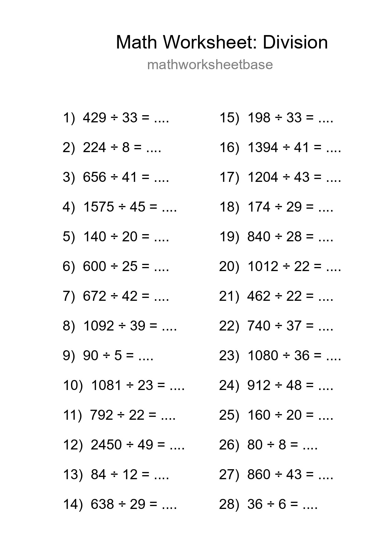 Printable Free 28 Division Math Worksheet For Grade 2 - Part 254