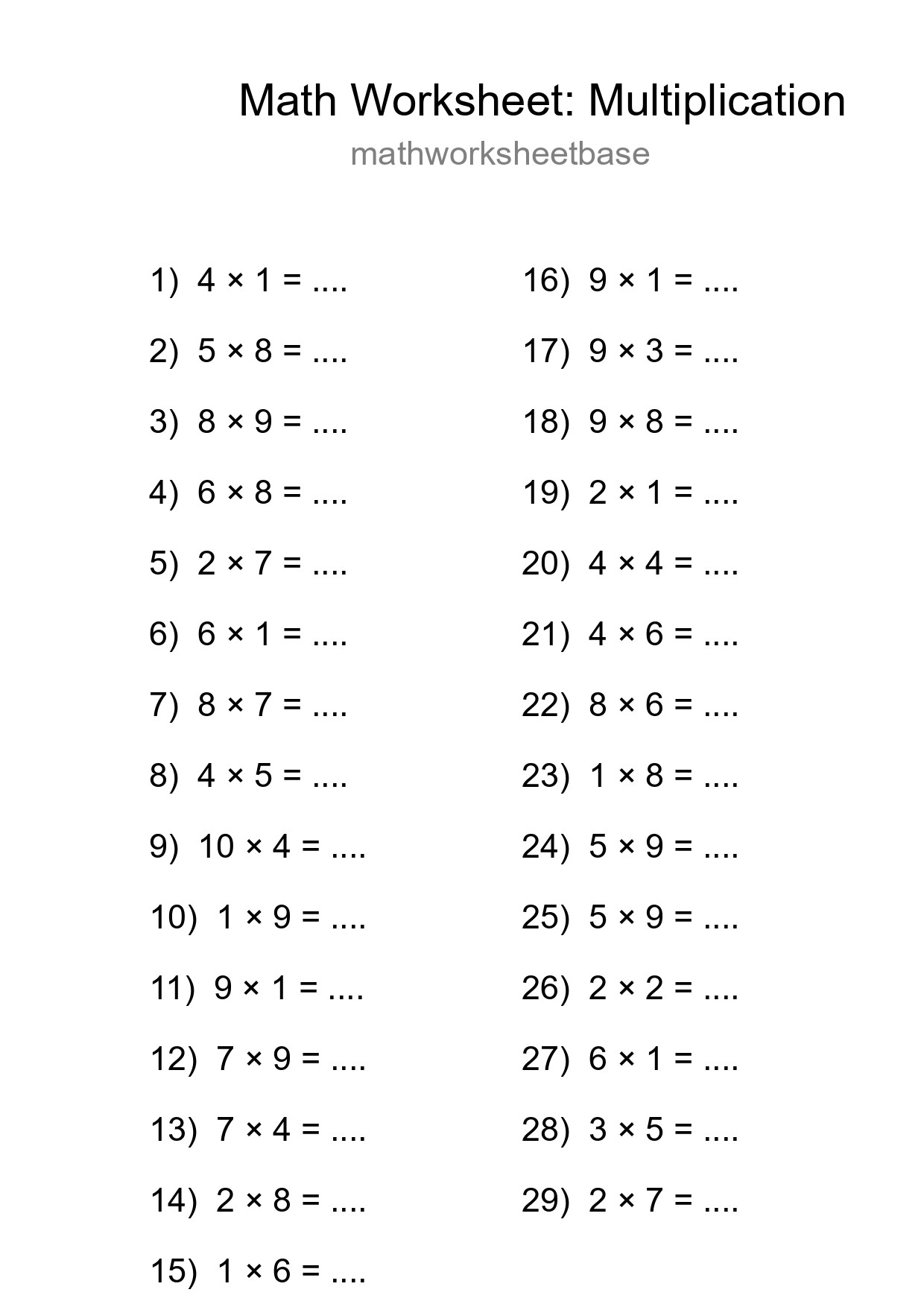 Printable Free 29 Multiplication Math Worksheet For Grade 1 - Part 17